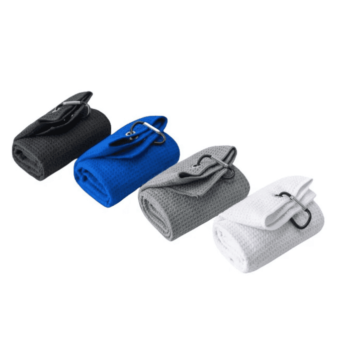 Four rolled towels in black, blue, grey, and white, each with a clip for easy attachment.