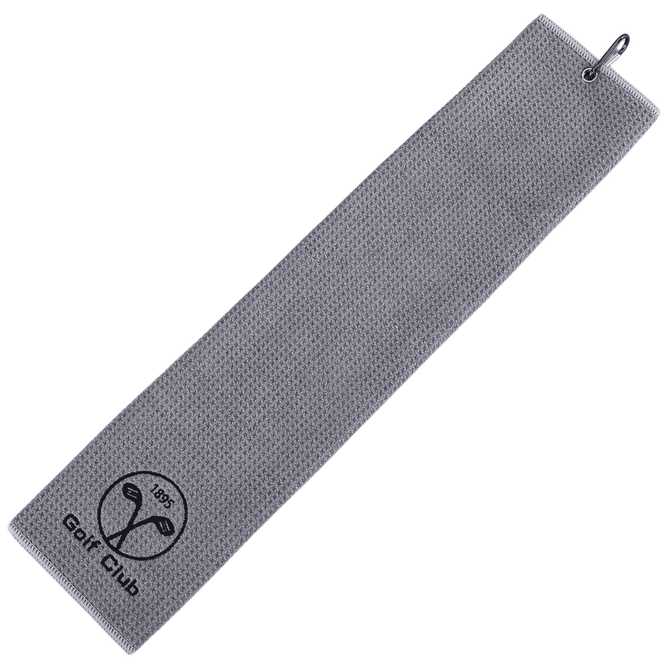 A grey sandless golf towel with a loop for hanging and a logo at one end.