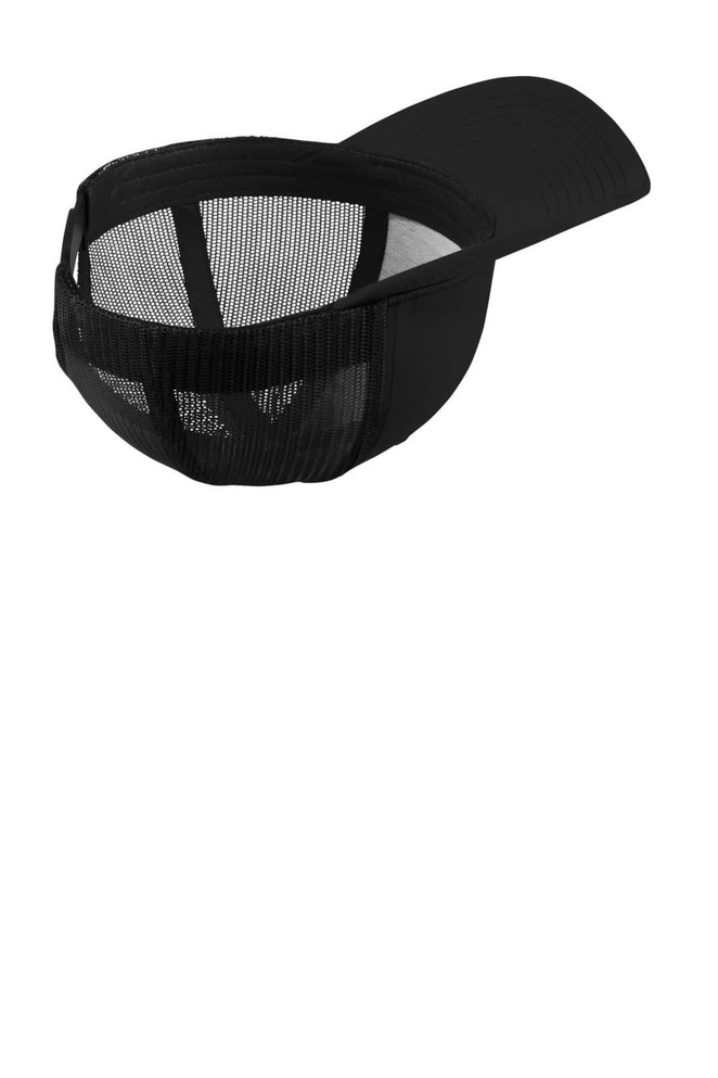A black retro trucker cap featuring a mesh back and a curved brim, with a logo on the front.