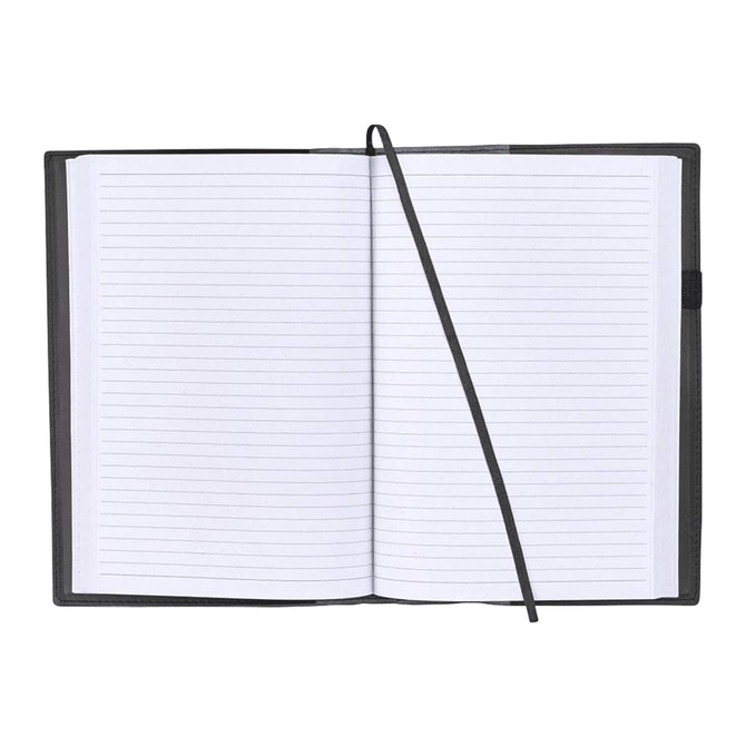 A refillable journal with a black leather cover, featuring lined pages and a ribbon bookmark.