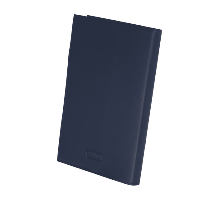 A navy blue refillable journal with a smooth leather cover and a logo on the front.