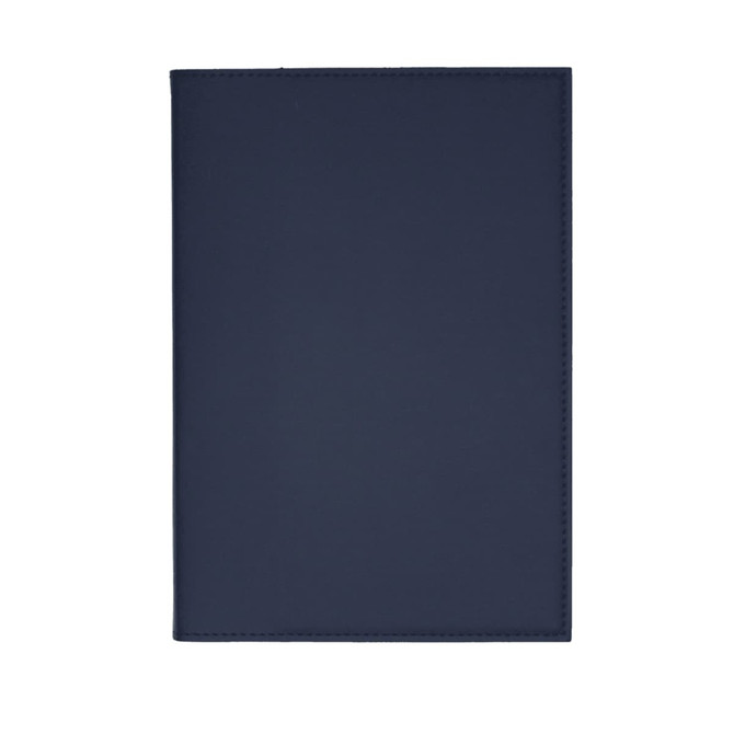 A navy blue refillable journal with a smooth leather cover and branding. Ideal for office and business use.