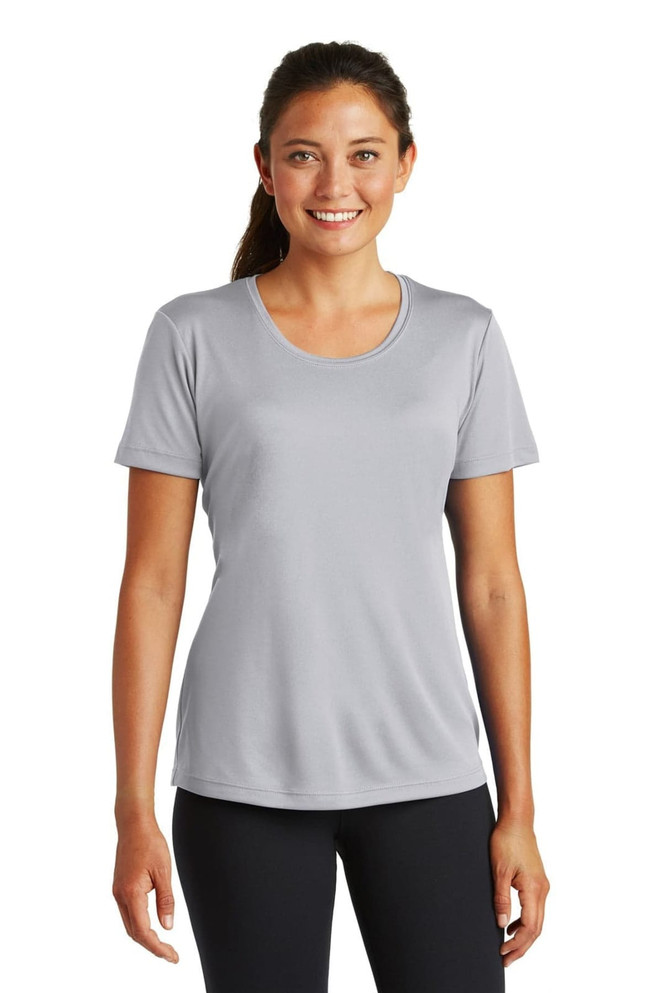 A lightweight, grey ladies’ t-shirt with a round neck and short sleeves. It features a logo on the chest.
