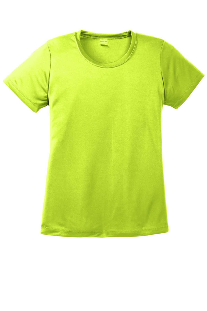A bright lime green ladies' t-shirt featuring a plain design and a logo. Suitable for activewear and casual use.