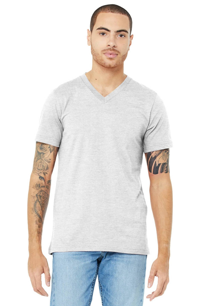 A grey unisex jersey short sleeve V-neck tee on a model, featuring a logo on the garment.