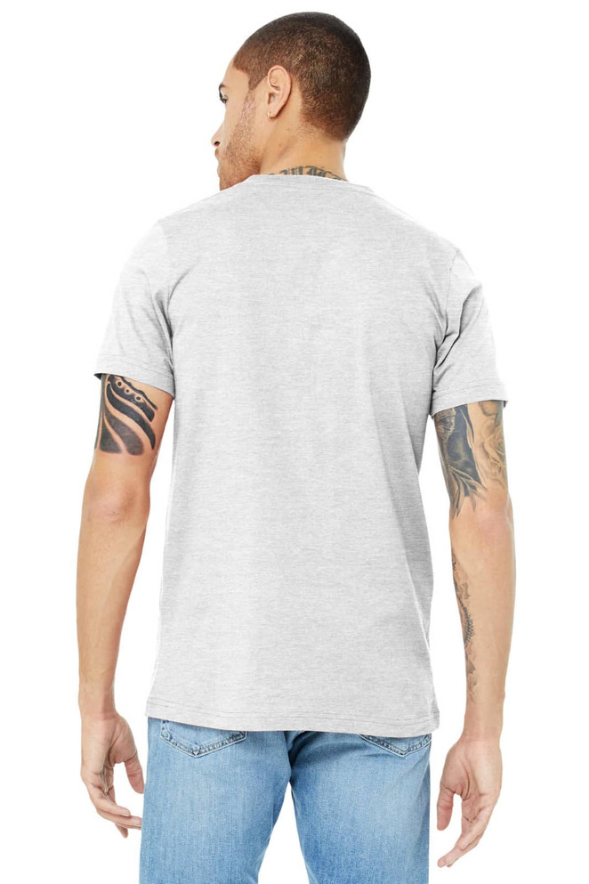 A grey unisex jersey short sleeve v-neck t-shirt with a plain back view, modelled by a person with tattoos.