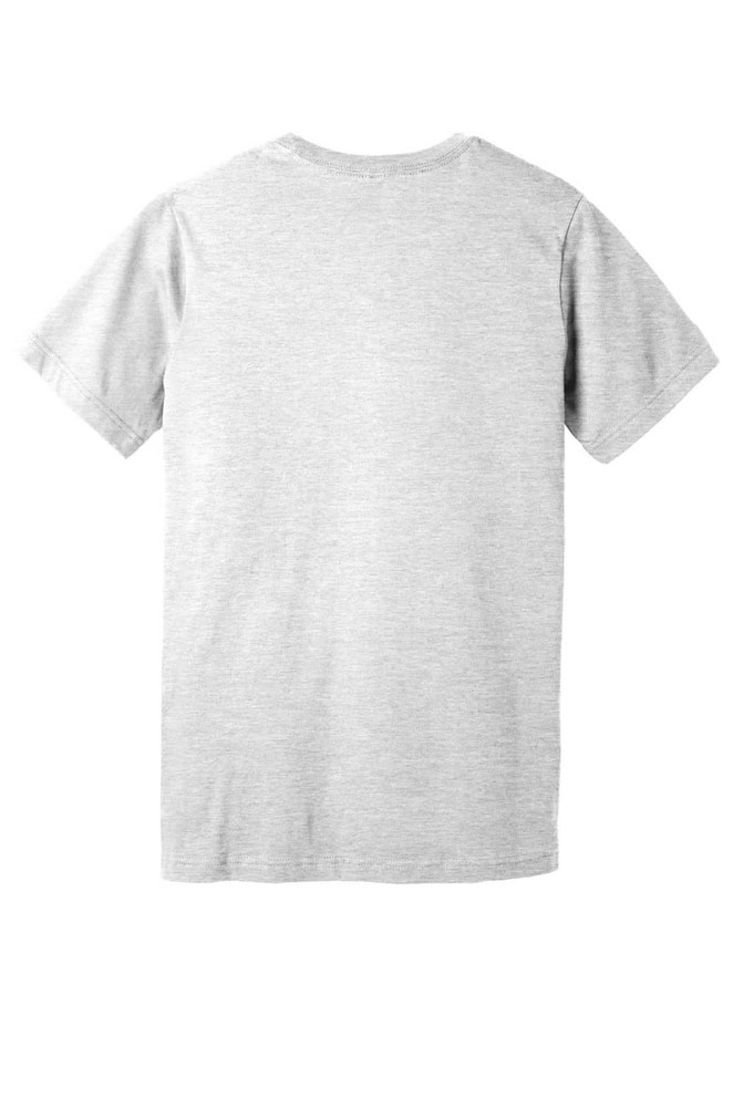 A grey unisex jersey short sleeve V-neck tee, featuring a plain back and a small logo at the neck.