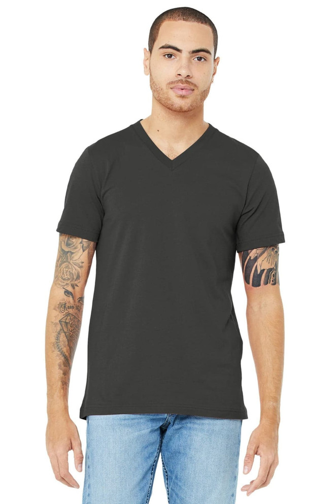 A unisex black short sleeve v-neck t-shirt displayed on a model with tattoos, featuring a logo.