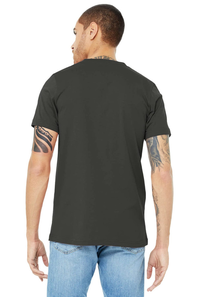 A unisex jersey short sleeve v-neck tee in dark green, featuring a logo on the back.