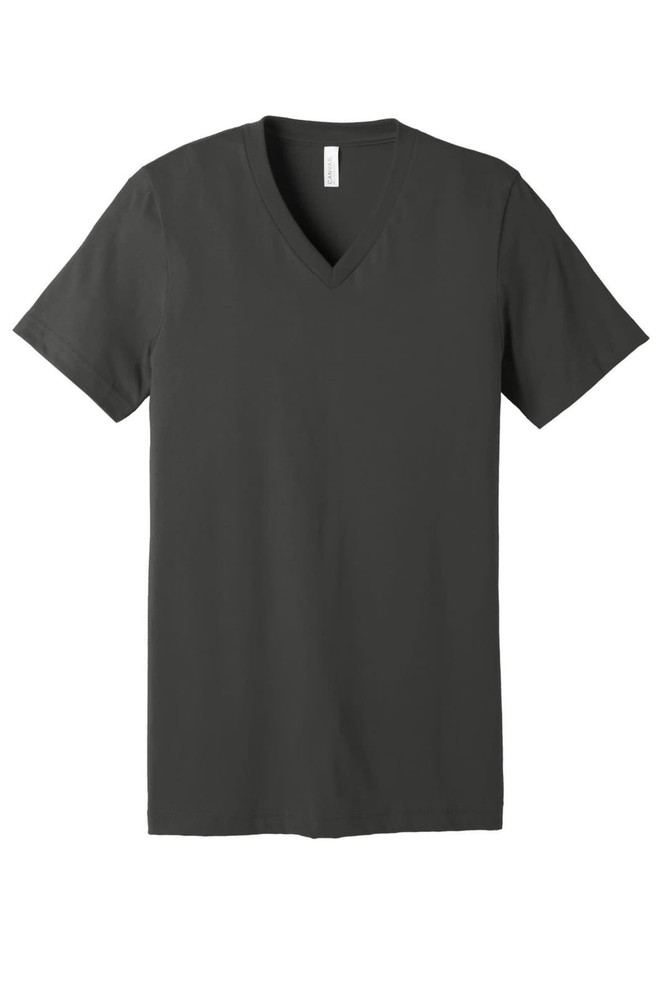 A dark grey unisex jersey short sleeve V-neck t-shirt with a simple design and logo.