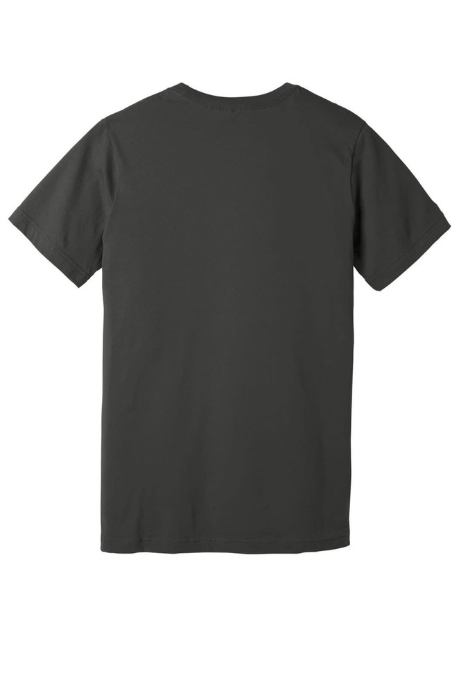 A dark grey unisex jersey short sleeve V-neck tee with a plain back and a logo.