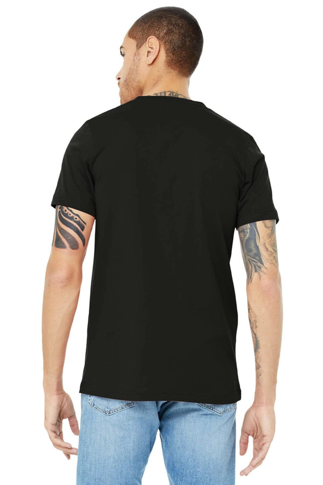 A unisex black short sleeve V-neck tee, featuring a simple design and a logo on the back.