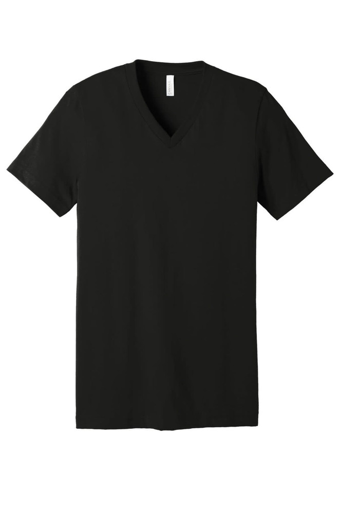 A black unisex jersey short sleeve v-neck tee with a tag and no visible logos.
