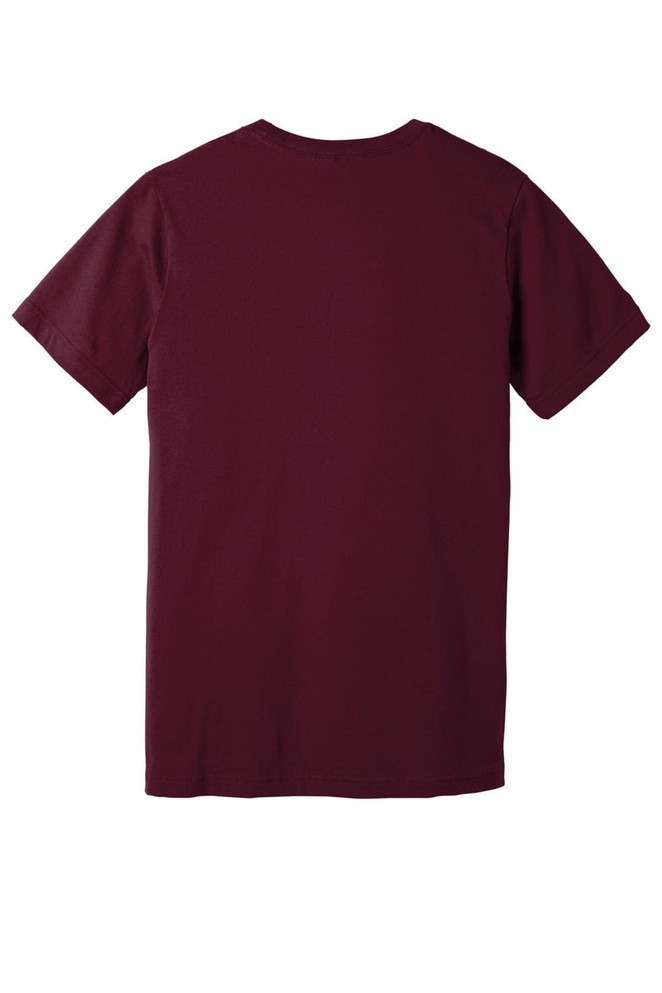 A maroon unisex jersey short sleeve v-neck tee with a plain back and a logo.