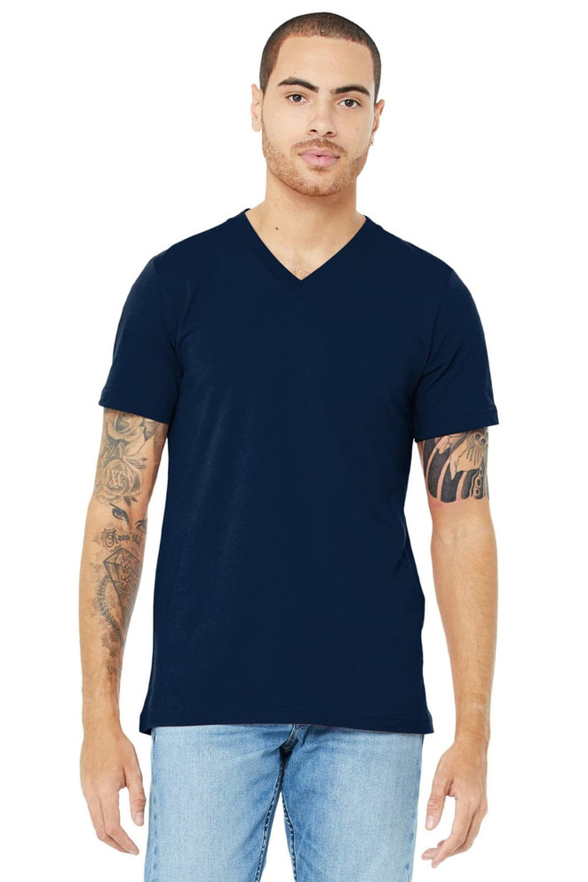 A model wearing a navy unisex V-neck tee with short sleeves and tattoos on his arms, against a plain background.