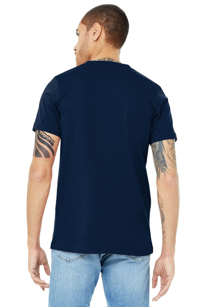 A navy unisex jersey short sleeve V-neck tee, featuring a logo, shown from the back on a model.