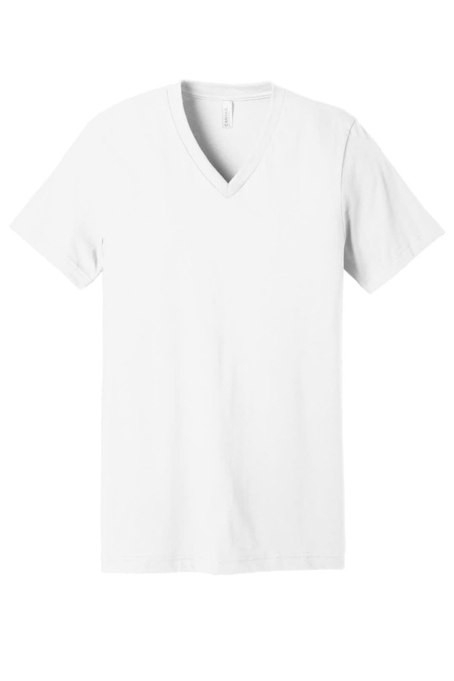 A white unisex jersey short sleeve V-neck tee. The shirt features simple design and has a logo on it.