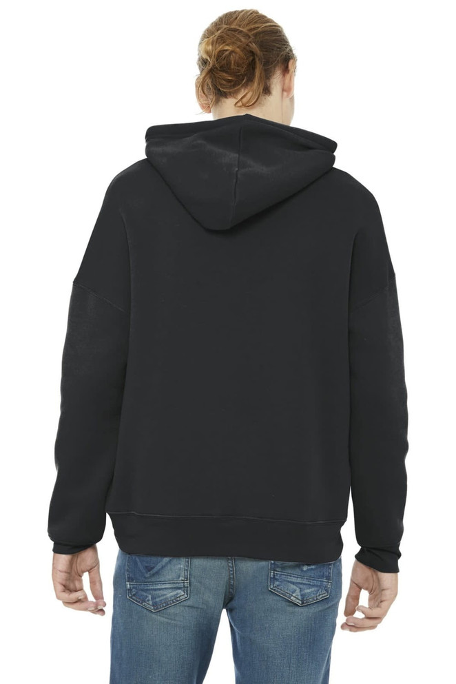 A black unisex sponge fleece pullover hoodie with a hood, viewed from the back, featuring a logo.