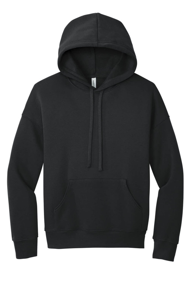 A black unisex sponge fleece pullover hoodie featuring a spacious front pocket and a drawstring hood.