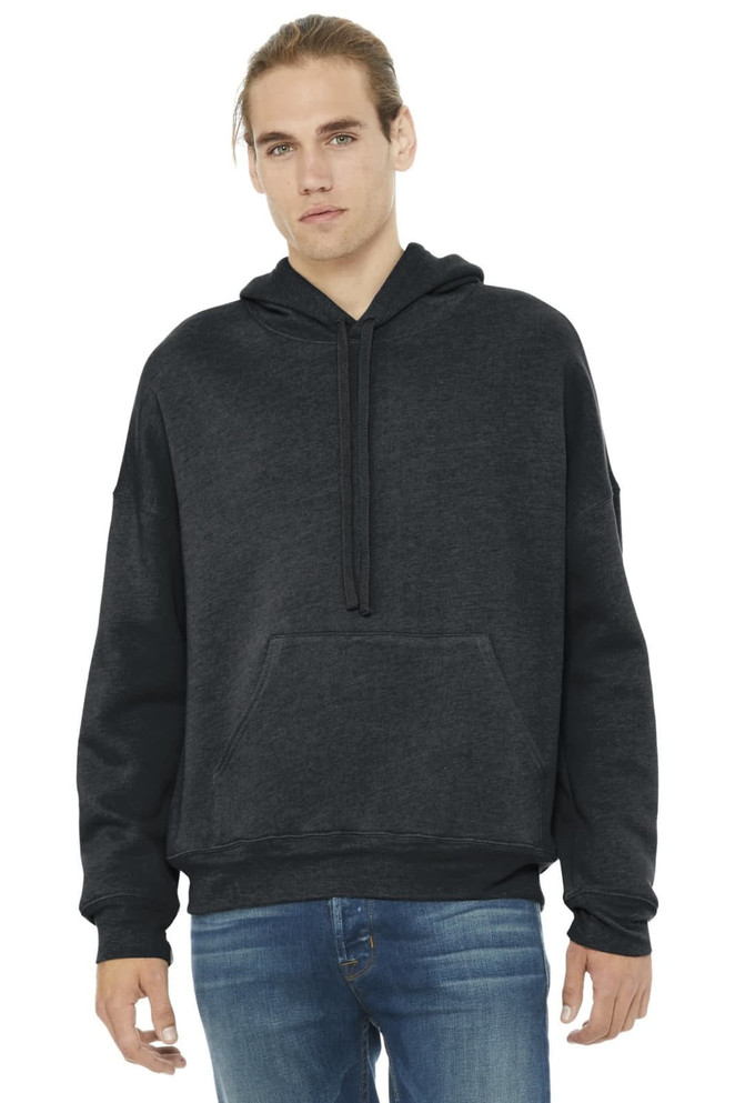 A grey unisex fleece pullover hoodie with a kangaroo pocket and a hood, worn by a model.