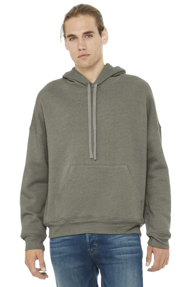 A unisex sponge fleece pullover hoodie in grey, featuring a drawstring and a logo on the sleeve.