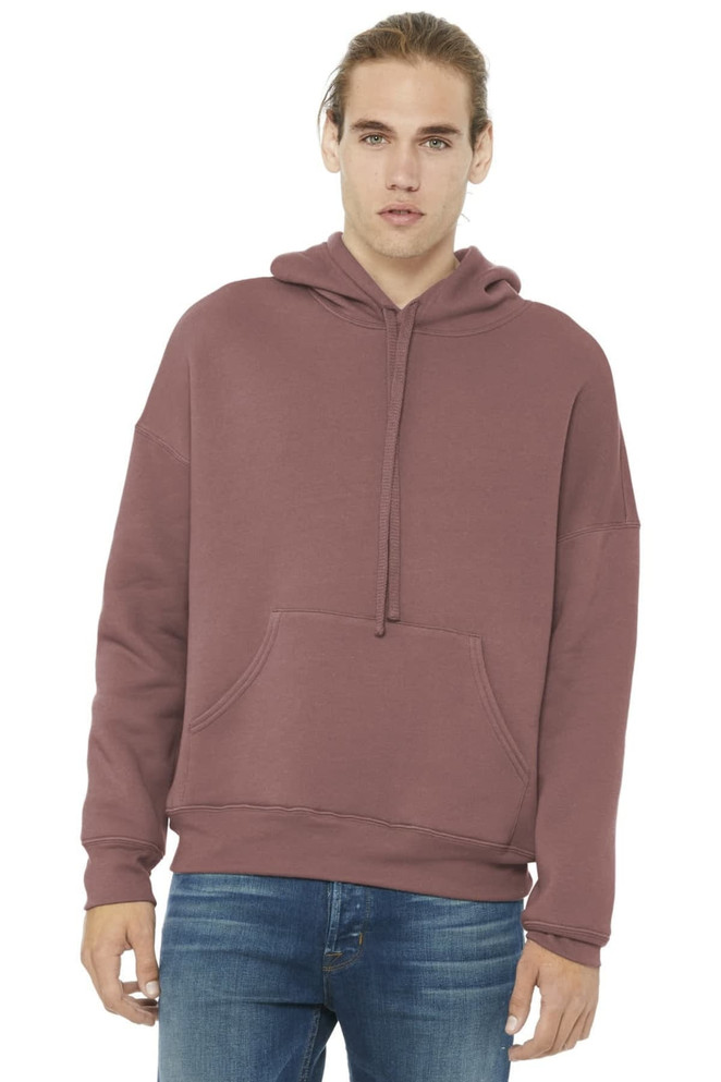 A unisex sponge fleece pullover hoodie in a mauve colour, featuring a front pocket and a hood.