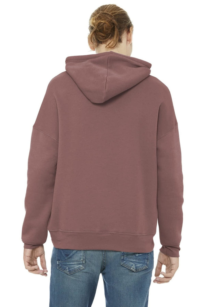 A person wearing a burgundy unisex sponge fleece pullover hoodie, showcasing the back view. The hoodie has a logo.