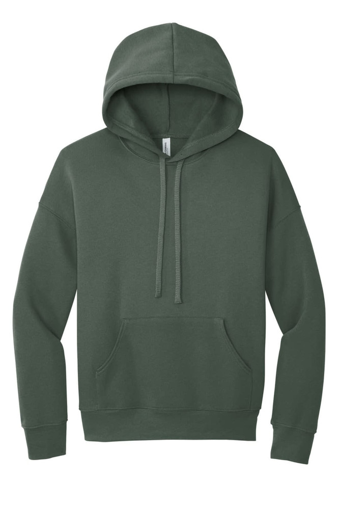 A unisex sponge fleece pullover hoodie in a deep green colour, featuring a front pocket and a hood.