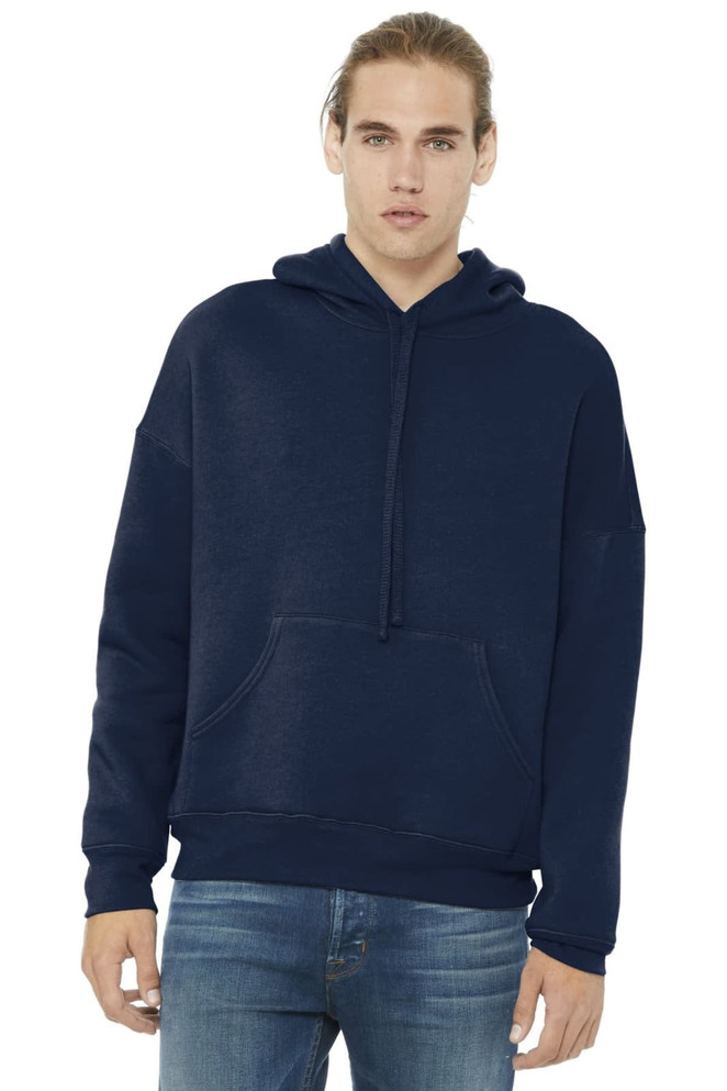 A unisex navy hoodie with a front pocket and drawstring hood, featuring a logo on the sleeve.