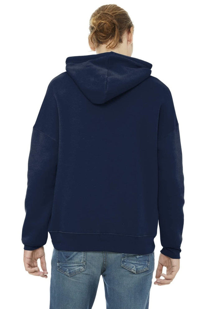 A navy unisex sponge fleece pullover hoodie with a hood, seen from the back. Features a logo on the garment.