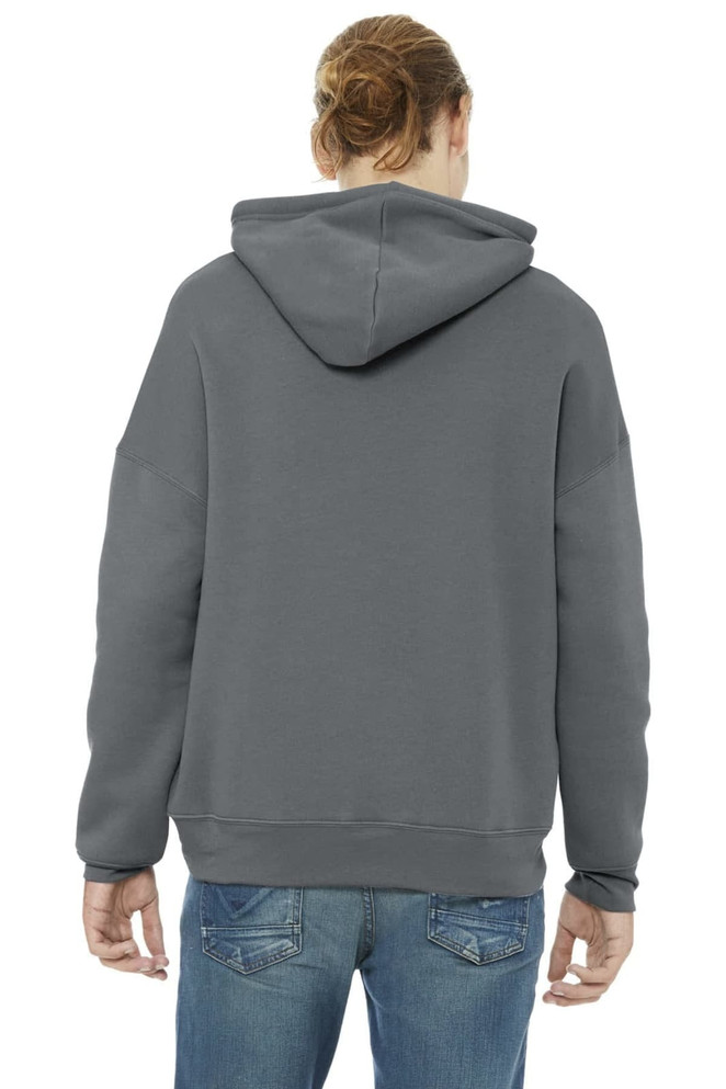 A unisex grey sponge fleece pullover hoodie with a hood, featuring a logo on the back.