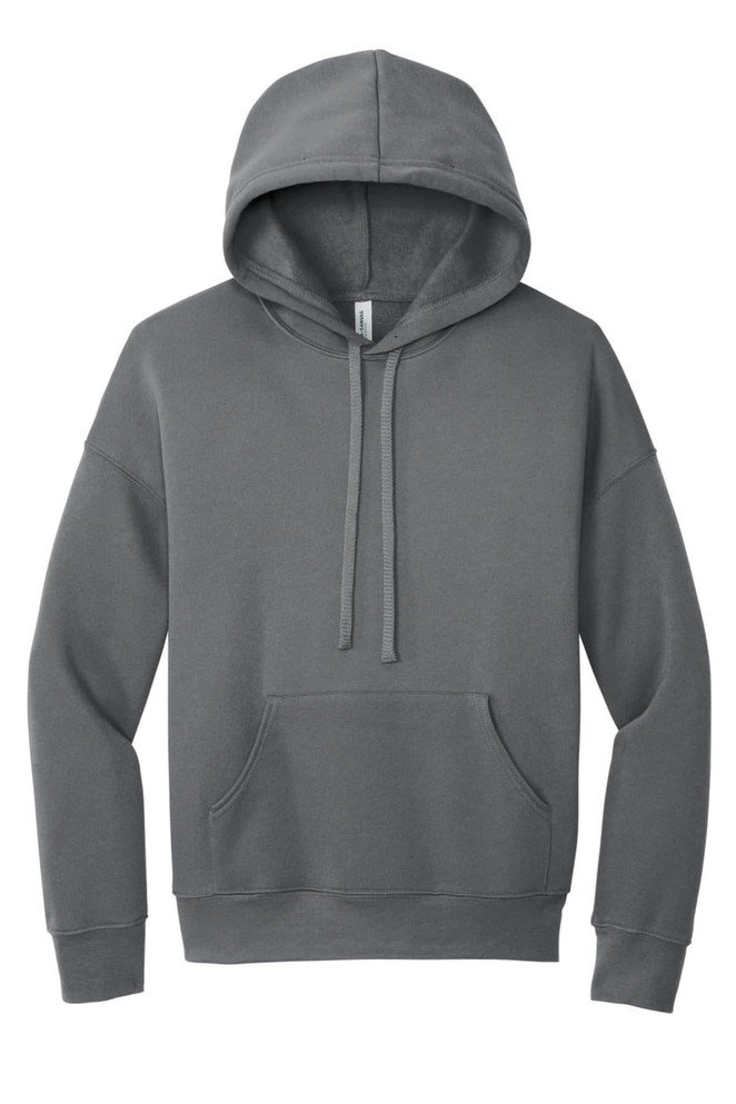 A unisex sponge fleece pullover hoodie in a grey colour featuring a front pocket and a hood, with branding.
