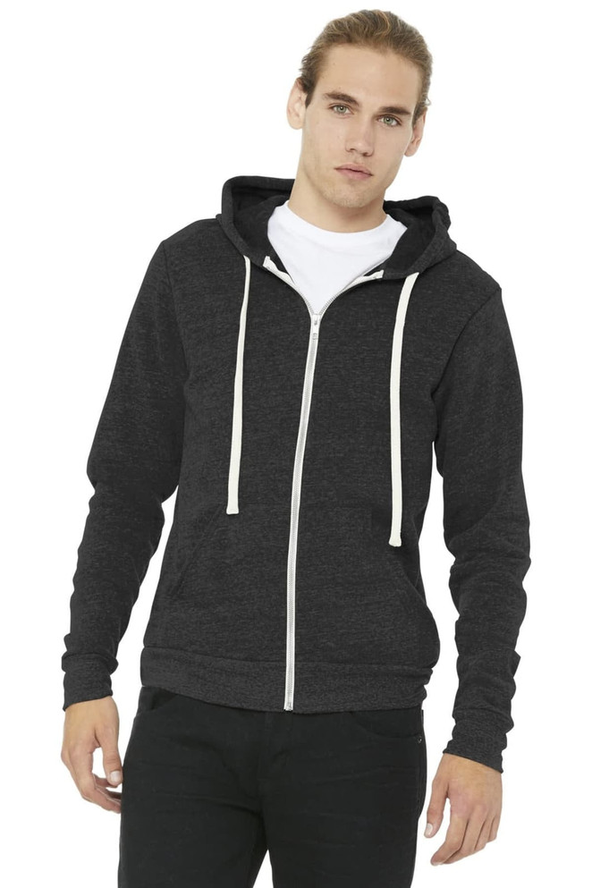A unisex triblend sponge fleece full-zip hoodie in dark grey, featuring a hood and a logo.