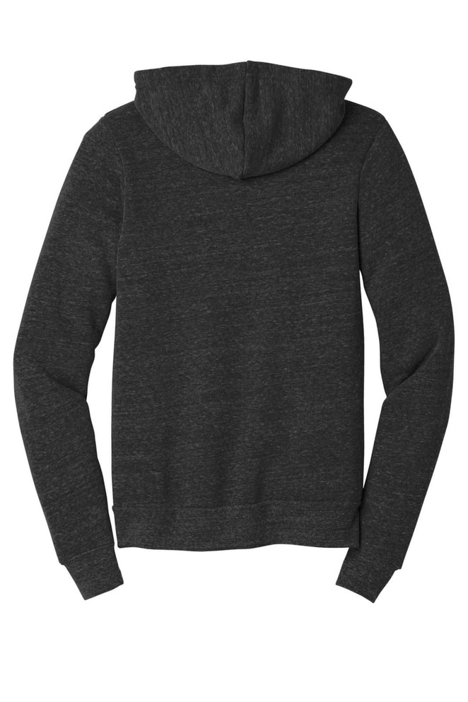 A unisex triblend sponge fleece full-zip hoodie in dark grey with a hood and long sleeves. It features a logo.