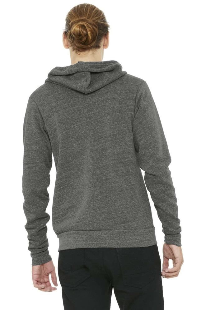 A unisex triblend sponge fleece full-zip hoodie in grey, featuring a hood and a back view with no visible branding.