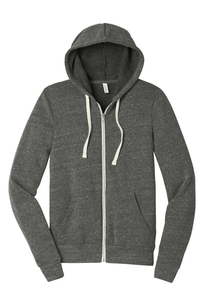 A unisex triblend sponge fleece full-zip hoodie in a grey colour, featuring a hood and a zipper.