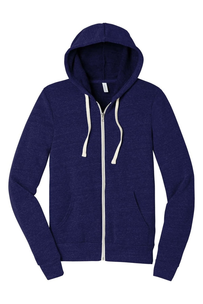 A unisex triblend sponge fleece full-zip hoodie in a deep navy colour, featuring a hood and front zip.