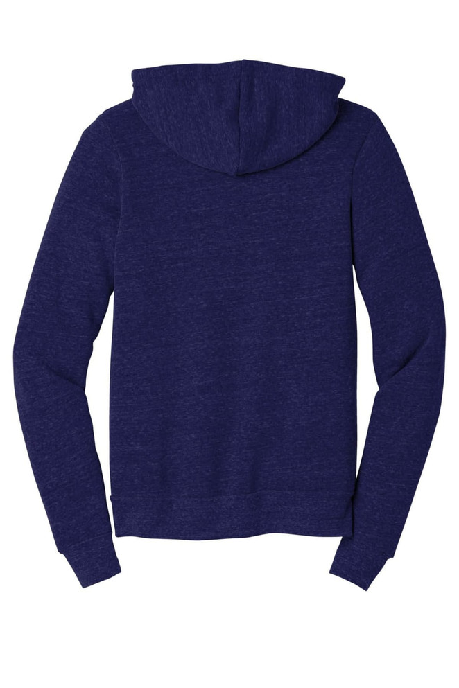 A unisex triblend sponge fleece full-zip hoodie in navy blue, featuring a hood and long sleeves.