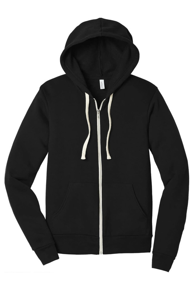A black unisex triblend sponge fleece full-zip hoodie featuring a contrasting zipper and drawstrings, with a logo on the label.