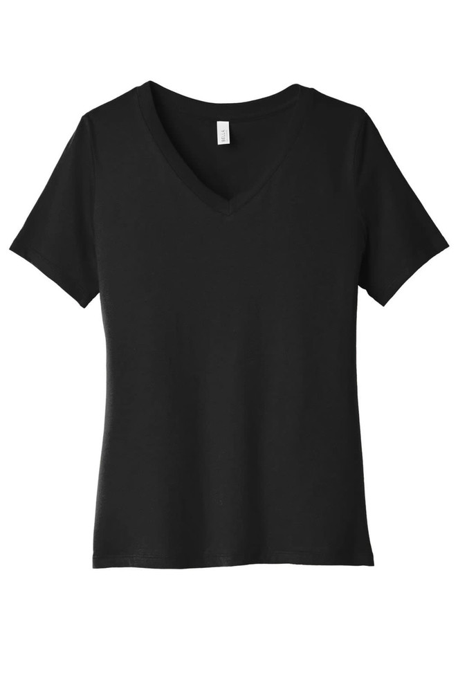 A black women's relaxed jersey short sleeve V-neck tee, featuring a simple design and a logo on the tag.