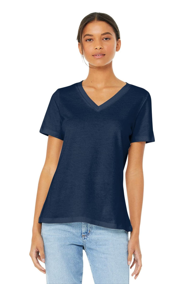 A navy blue women's relaxed jersey short sleeve v-neck tee with a logo.