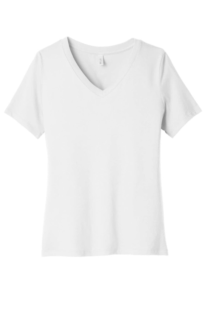 A white women's relaxed jersey short sleeve V-neck tee featuring a simple design and a logo on the label.