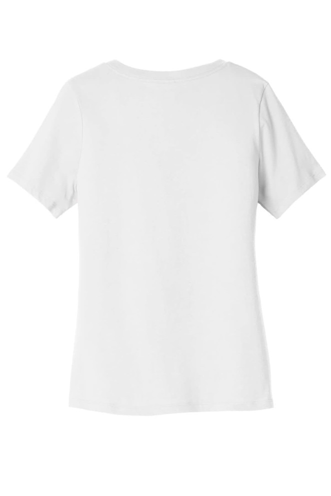 A white women's relaxed jersey short sleeve V-neck tee, featuring a simple design with a back view.