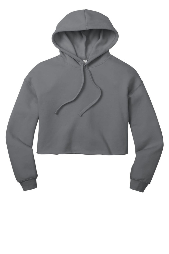 A cropped fleece hoodie in grey with a hood and drawstrings, featuring long sleeves and a relaxed fit.
