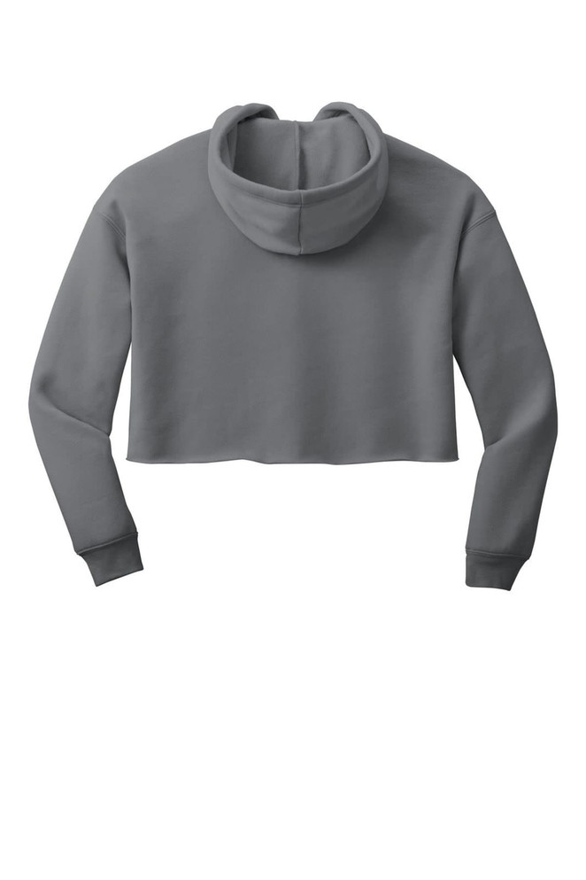 A cropped fleece hoodie in grey with a hood and long sleeves, featuring a branding logo.