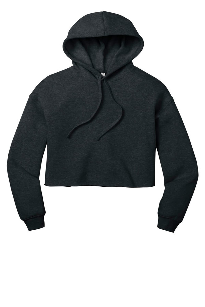 A cropped fleece hoodie in dark grey featuring a hood and drawstring. It has a minimalist design and includes branding.