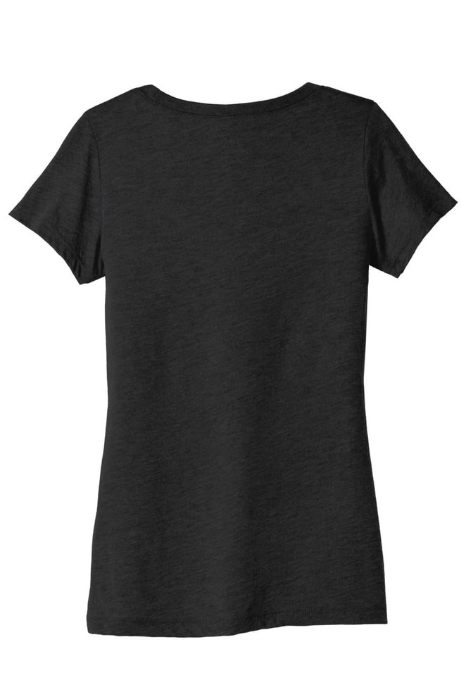 A black women's triblend short sleeve tee with a crew neckline and a relaxed fit. Features branding on the exterior.