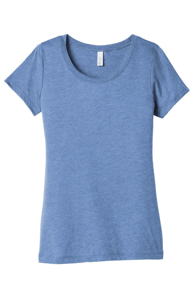 A blue women's triblend short sleeve tee with a round neckline, featuring a branding logo.