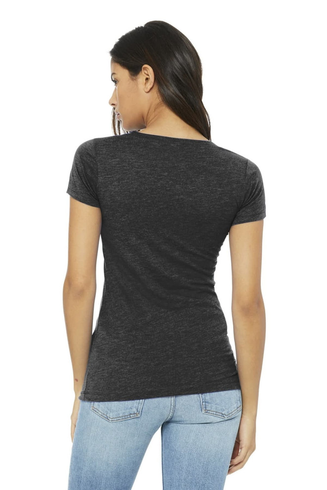 A women's black triblend short sleeve tee, featuring a fitted design and round neckline, showcased from the back.