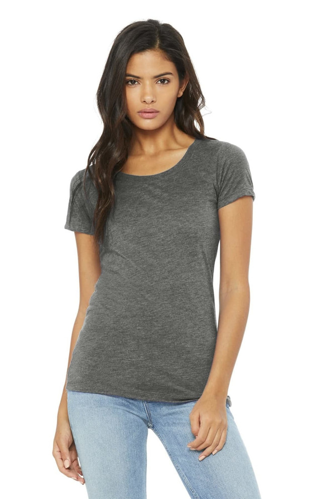 A women's triblend short sleeve tee in a charcoal grey colour, with a fitted silhouette and round neckline.